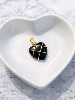 Black Heart Pendant Gold tone Wire Wrapped Necklace Charm Boho Minimalist
